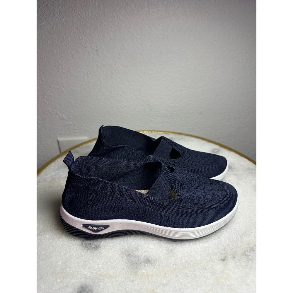 Womens Navy Blue Knit Slip On Walking Shoes Mesh Mary Jane Sneakers Fashion